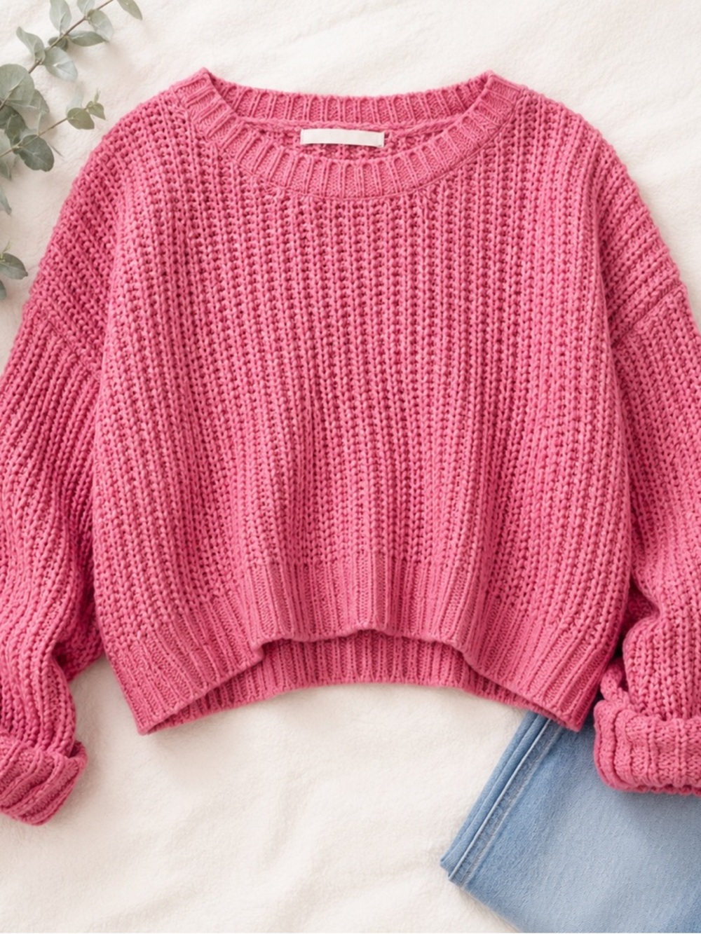 Favlux Pink Chunky Knit Cropped Sweater Size Large Cozy Textured Pullover